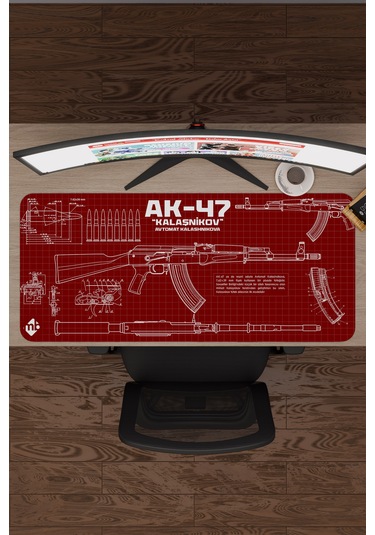 Ak 47 Siyah Kalaşnikov Cs Dikişli Kauçuk Oyuncu Mousepad - 90x40 Gaming Mouse Pad Ak-47 Bordo / Kırmızı