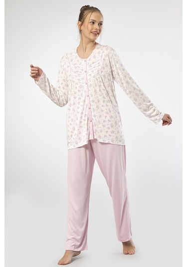 Türen 3367 Kadın Büyük Beden Uzun Kollu Pijama Takım-pembe Pembe