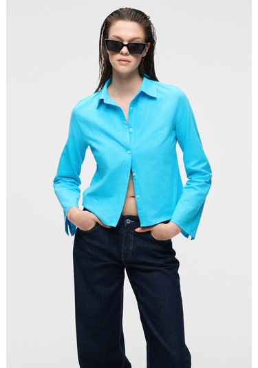 Grımelange Makayla Kadın Keten Uzun Kollu Regular Fit Mavi Gömlek Mavi