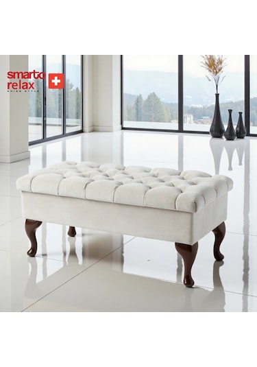 Smarto Relax Puf Mürren Sandıklı Ayaklı Kapitoneli Dekoratif 100x40x45 Cm Ekru Ekru