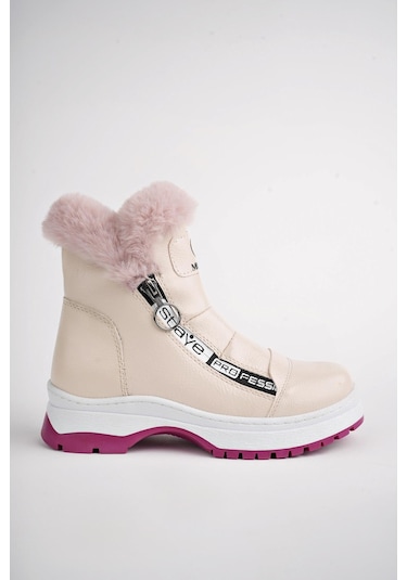 Muggo Bubble Garantili Kaymaz Taban İçi Kürklü Yandan Fermuarlı Çocuk Bot Pudra