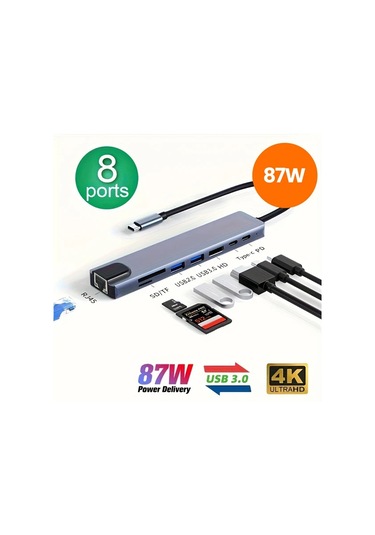 Boatshop1 8'li 1 Arada Hub Usb C Hub 87w Güç Dağıtımı Ethernet Usb 30 Sd Tf Kart Okuyucu 4k Ultra Hd Fare Klavye Yazıcı Bağlantı