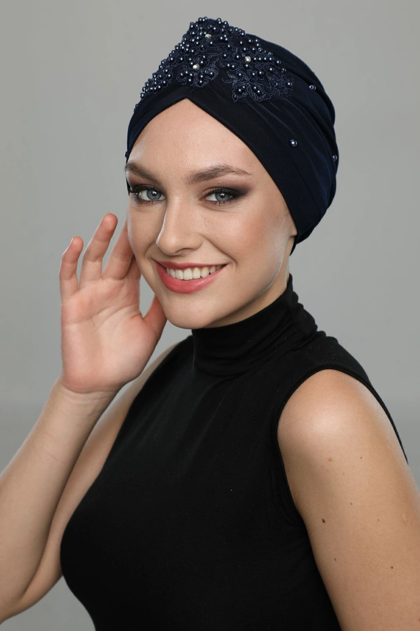 Kopma Astarlı Işlemeli Lacivert Dantel Motifli Hazır Türban Tesettür Abiye Bone Lacivert Dantel