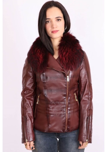 Bordo Hakiki Deri Çıkarılabilir Kürk Yakalı Mont Kaban