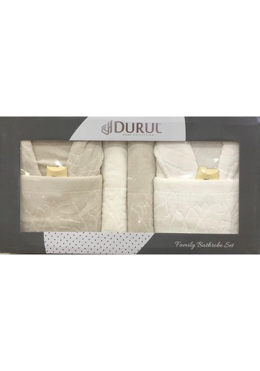 Durul Antik Kısmi Kadife Pamuklu 8 Parça Aile Bornoz Seti Bej