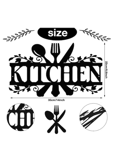 Metal Mutfak Duvar Dekoru - Kitchen Yazılı Dekoratif Metal Tablo Siyah