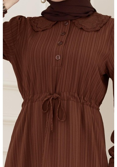 Yakası Güpür Nova Elbise-kahverengi-5028 Kahverengi