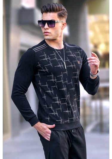 Siyah Desenli Bisiklet Yaka Triko Kazak 5968 Siyah