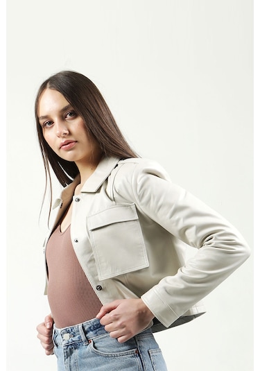 Dericlub Yb-Vgn1 Crop Fit Gerçek Deri Kadın Mont Bej
