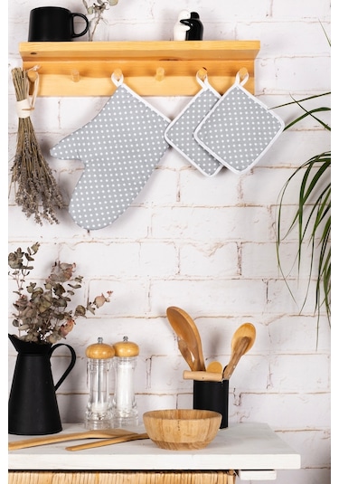 6 Parça Mutfak Seti & Mutfak Önlüğü , Fırın Eldiveni , 2li Tutacak , Organizer Poşetlik , Demlematikgri Puantiye