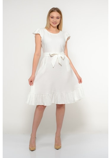 Kadın Omuz Detaylı Büzgülü Diz Boy Yazlık Elbise 3886/100 001