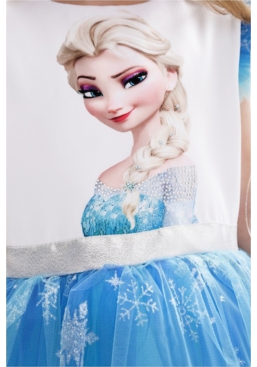 Elsa Karlar Kraliçesi Kar Taneli Taçlı Kız Çocuk Parti Elbisesi