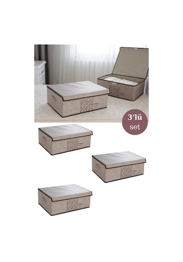 Flosoft 3 Adet Keçe Kapaklı Baza Hurcu, Çok Amaçlı Düzenleyici Organizer 50x40x19 Cm Krem