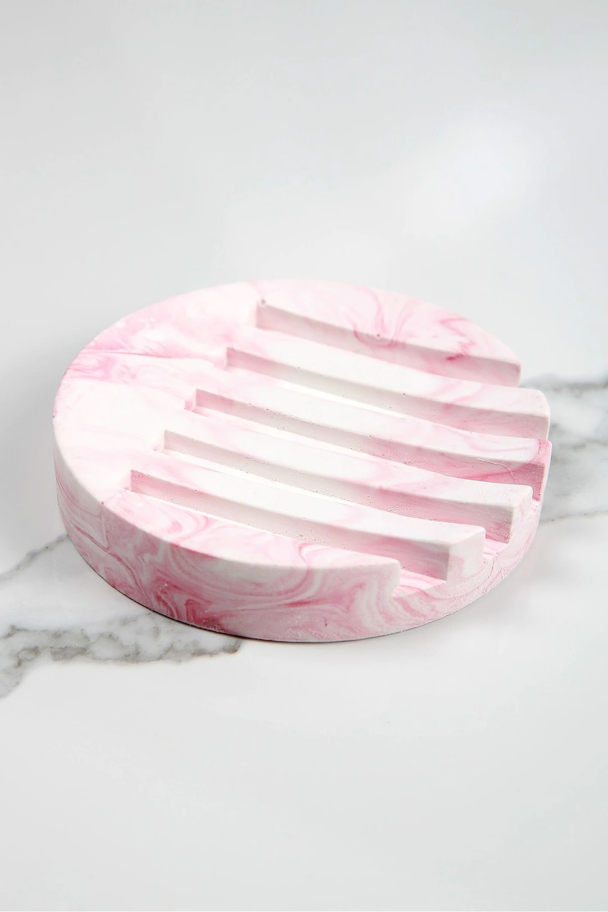 Mermer Desenli Yuvarlak Model Beton Katı Sabunluk Su Giderli 10 Cm Pembe