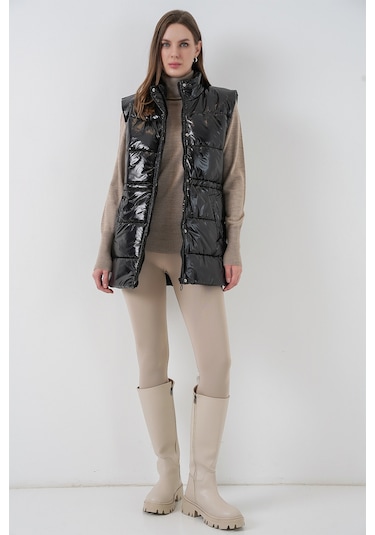 Kadın Parlak Şişme Yelek 5218 - Siyah Siyah