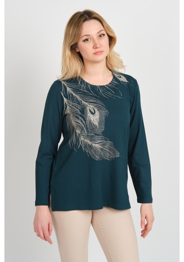 Detay Triko Kadın Taş İşlemeli Ve Desenli Bisiklet Yaka Uzun Kol Anne Bluz 5721 Zümrüt Zümrüt