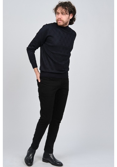 Pave Erkek Yarım Balıkçı Desenli Yün Kazak 4537210 Lacivert Lacivert