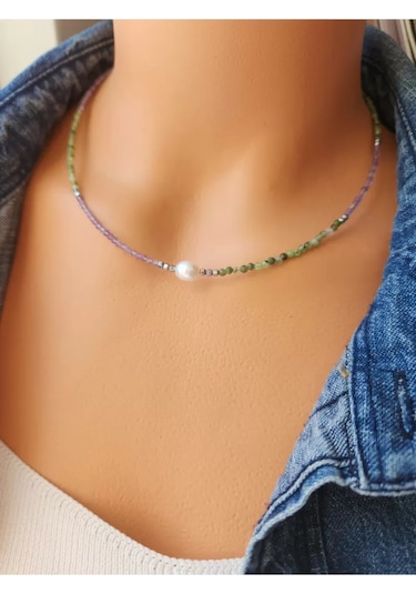 Doğaltaş Ametist Ve Yeşim 2 Mm Minimal Kolye Mor