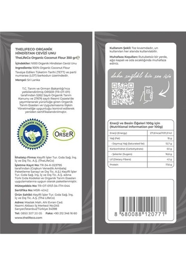 TheLifeCo Organik Hindistan Cevizi Unu 2 x 350 G