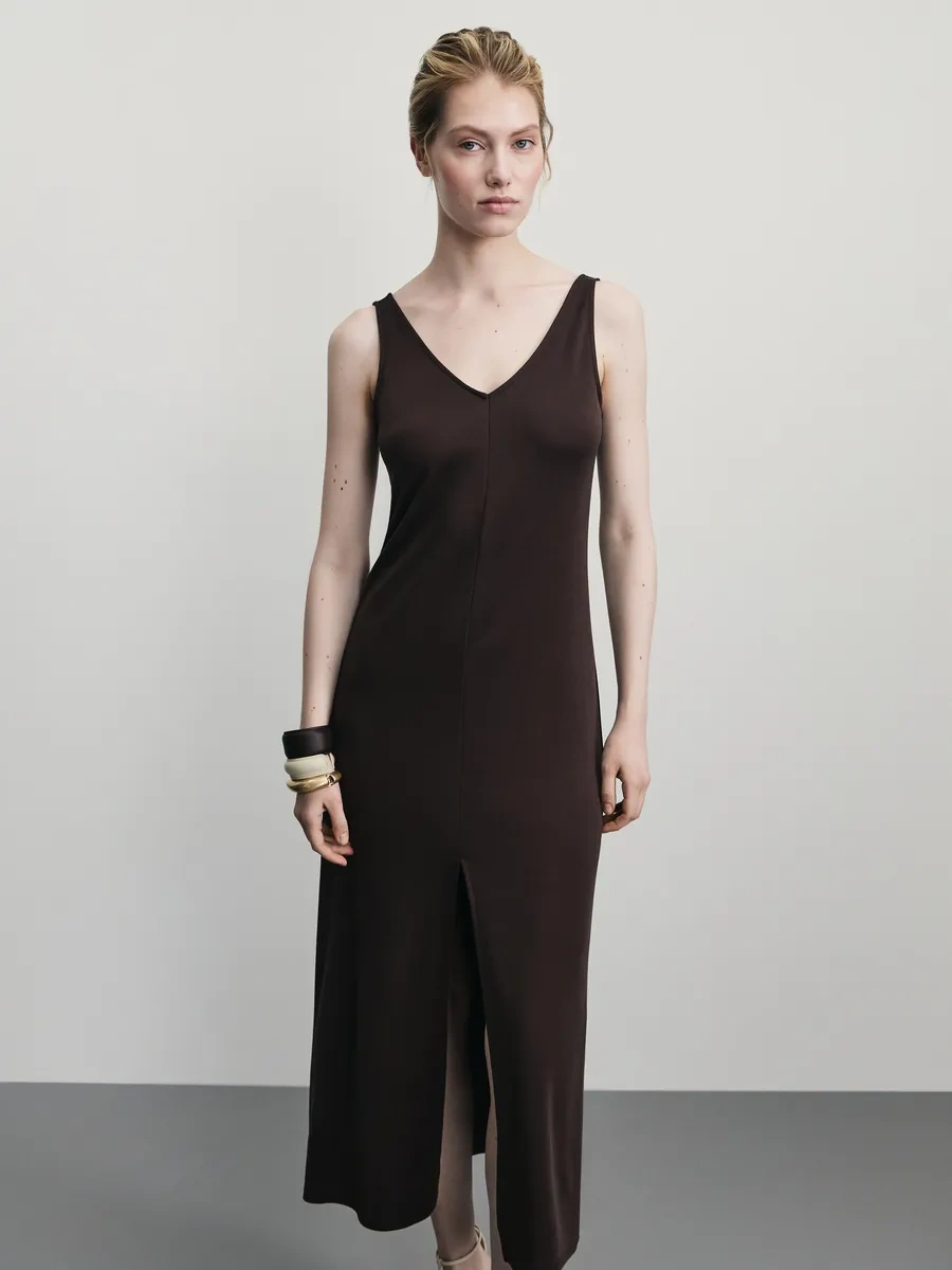 Zarına Yazlık Uzun, Yırtmaçlı Sarafan Elbise 376509342 Koyu Kahverengi