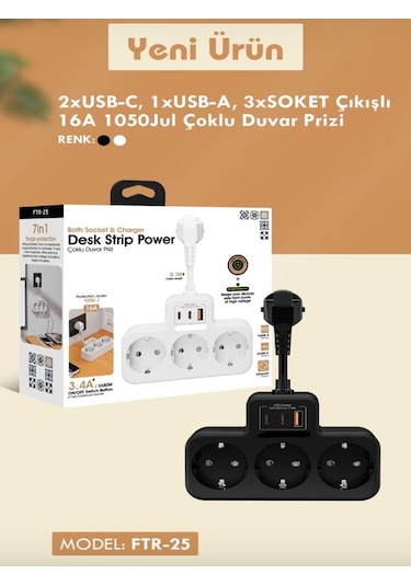 3680w 3.4a 2xusb 1xtype-c Alman Akım Korumalı Saf Bakır 3 Lü Priz