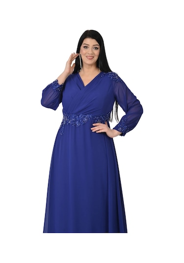 Lilas Xxl Kadın Büyük Beden Uzun Şifon Abiye Elbise 9573 Saks Saks Mavi