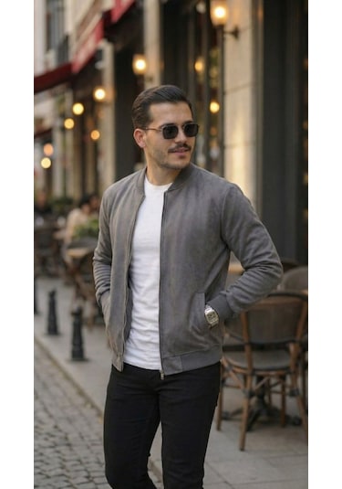 Efnaz Style Erkek Scuba Süet Kumaş Bomber Hırka Antrasit