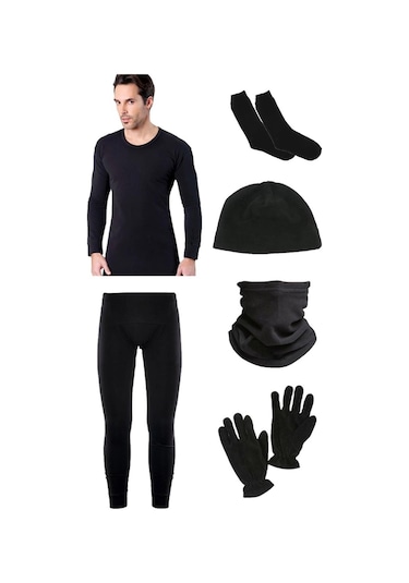 Bonbonetti Bonbonetti Termal Asker Kolisi Termal Alt Üst Takim Polar Boyunluk Eldiven Şapka Çorap Seti Siyah 2Xl Siyah