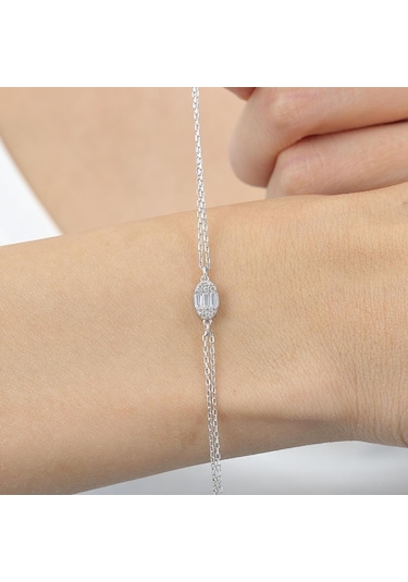 Pırlanta Montür Minimal Oval Baget Gümüş Bileklik