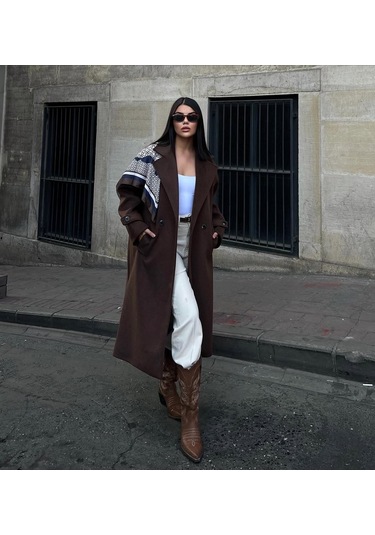 Kruvaze Kesim Kışlık Trençkot Palto Kahve