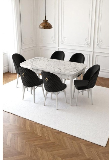 Mia Serisi Açılabilir Mutfak Masası Takımı Beyaz Mermer Desen Masa 6 Sandalye, Yemek Masası Siyah Mia Serisi Açılabilir Mutfak Masası Takımı Beyaz Mermer Desen Masa 6 Sandalye, Yemek Masası Siyah