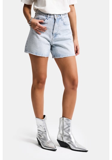 Itsbasic Kadın Ice T1-4s6-3 Mom Fit Parlak Taşlı Yıldız Baskılı Özel Tasarım Denim Şort Ice Rengi