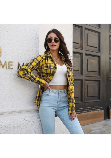 Gmxıa Kadın Modası Günlük Ekose Baskı Uzun Kollu Polo Yaka Bluzlar Ve Gömlekler Kırmızı