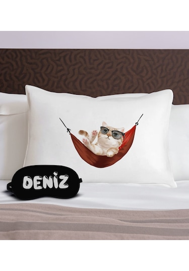 Bk Gift Kişiye Özel Eğlenceli Kedi Tasarrımlı Pamuklu Yastık Kılıfı Ve Göz Bandı Uyku Seti-1, Tasarım Ev Tekstili, Uyku Bandı, Ev Hediyesi