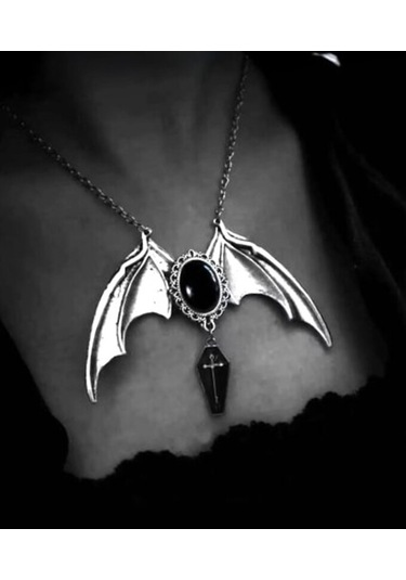 Dükkan Design Gotik Black Bat Cross Tabut Kolye Siyah - Gümüş
