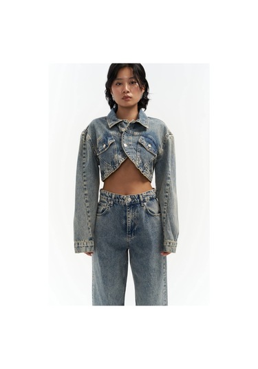 Mai Collection Mai Studios Co. Cali Çapraz Detay Kirli Yeşil Crop Jean Ceket Mavi