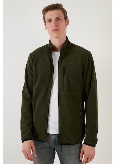 Buratti Slim Fit Fermuarlı Cepli Dik Yaka Polar Erkek Hırka 5906028 Haki