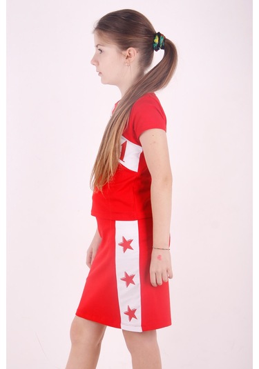 Toontoy Kız Çocuk Yıldız Baskılı Etekli Takım Kırmızı