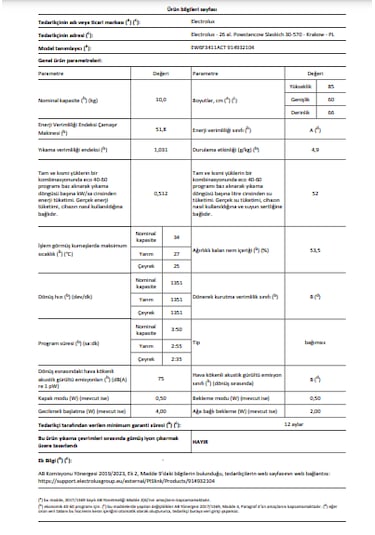 Electrolux Sensicare EW6F3411ACT 600 Serisi 10 KG 1400 Devir Autodose WİFİ Çamaşır Makinesi Beyaz