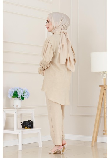 Önü Taşlı Kolu Lastikli İkili Takım-bej-5098 Bej