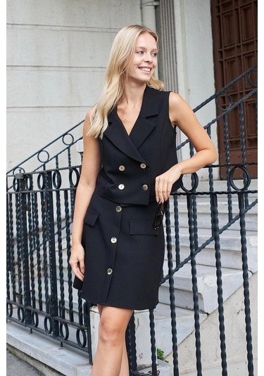 Kadın Diz Üstü Yüksek Bel Önü Düğmeli Cep Kapaklı Hafif Likralı Kumaş Çan Etek-siyah Siyah