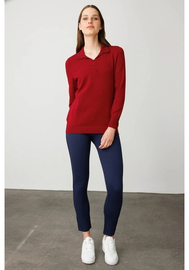 Desen Triko Kadın Polo Yaka Nakış İşlemeli Ligralı Bluz 25092 Vişne Vişne