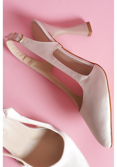 Duck Bej Saten Yanları Açık Topuklu Ayakkabı