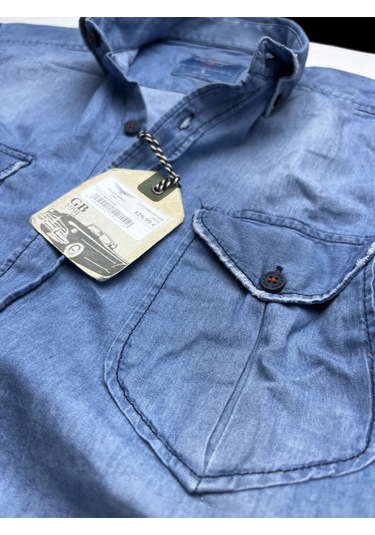 Slim Fit Saf Pamuk Denim Kumaş Kot Gömlek--çiftcep Mavi-- Açık Mavi