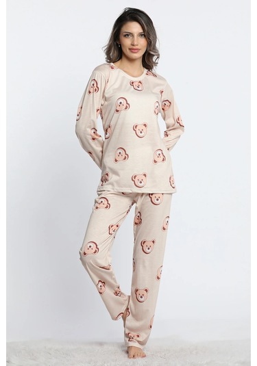 Kadın Bisiklet Yaka Uzun Kol Ayıcıklı Pijama Takımı Bej Lukitus Bej