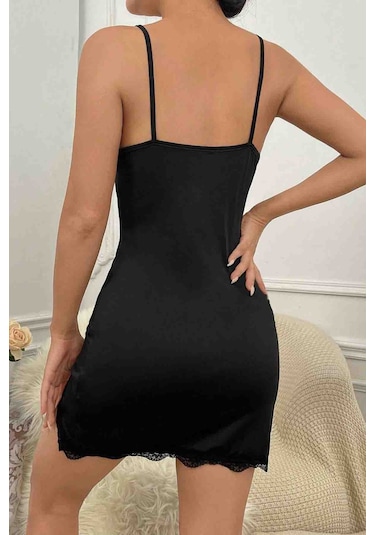 Merry See İki Taraf Yırtmaçlı Askılı Şık Gecelik Siyah