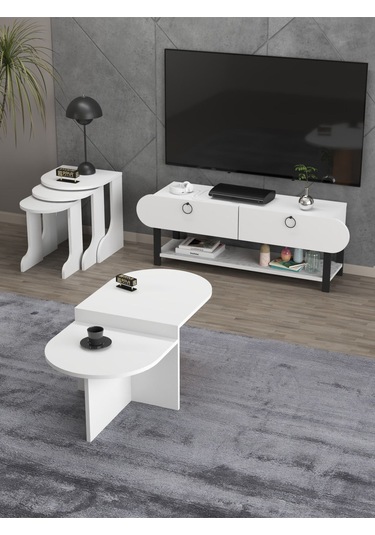 Tv Sehpası Ünitesi Tekli Orta Sehpa 3'lü Zigon Sehpa Set Üç Ürün Beyaz Beyaz