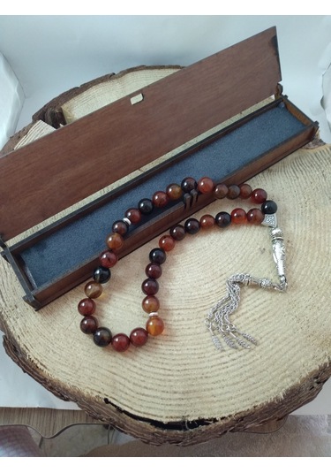 Kızıl Kahve Akik Taşı Tespih Ahşap Kutulu / 10 MM Doğaltaş Tespih