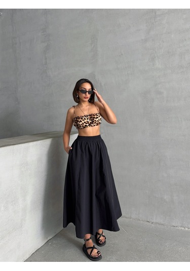 Kadın Beli Lastikli Dokuma Kloş Etek Siyah