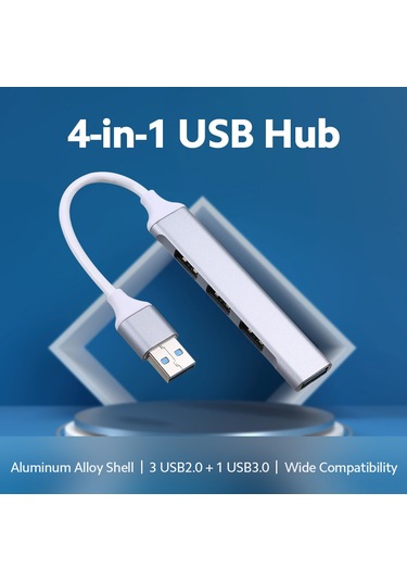 Mufunye Alüminyum 4-port Usb Hub: 1x Usb3.0 + 3x Usb2.0 Çoklayıcı, Gümüş Renk, 8cm Kablolu